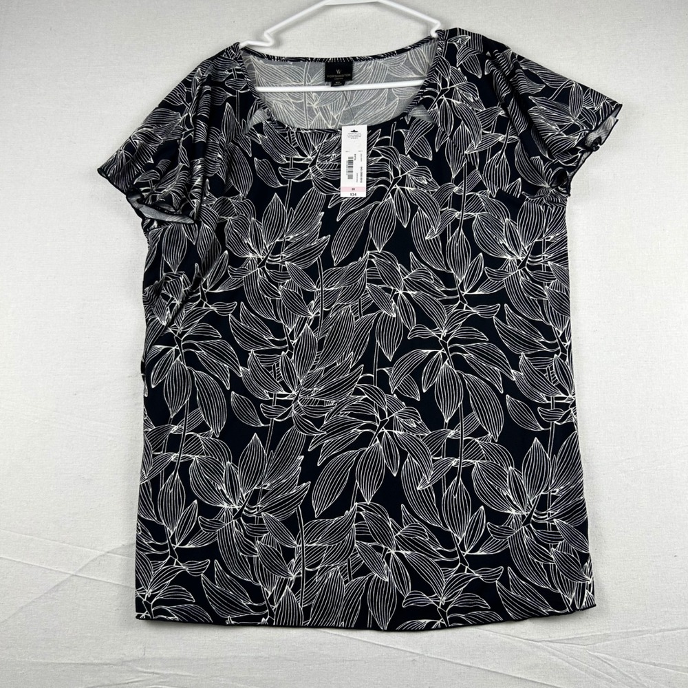 Worthington Woman Black White Floral Leaf Print Short Sleeve Blouse Top 0X NEW